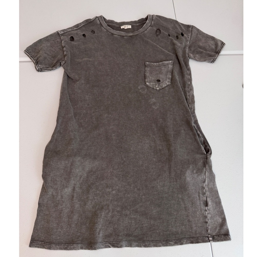 Easel Mineral Wash Distressed‎ T-Shirt Dress Grey Boho Grunge ED16038 Small kk